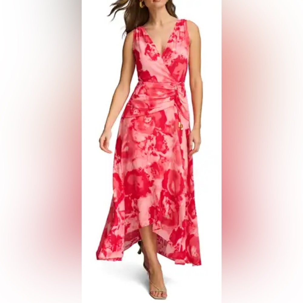 Donna Karan Pink Marble Wrap Style Dress 14 Elegant Sleeveless V-Neck Dress NWT